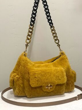 Vintage Boho Style Handmade Shearling Leather Slouchy Shoulder Bag, Crossbody